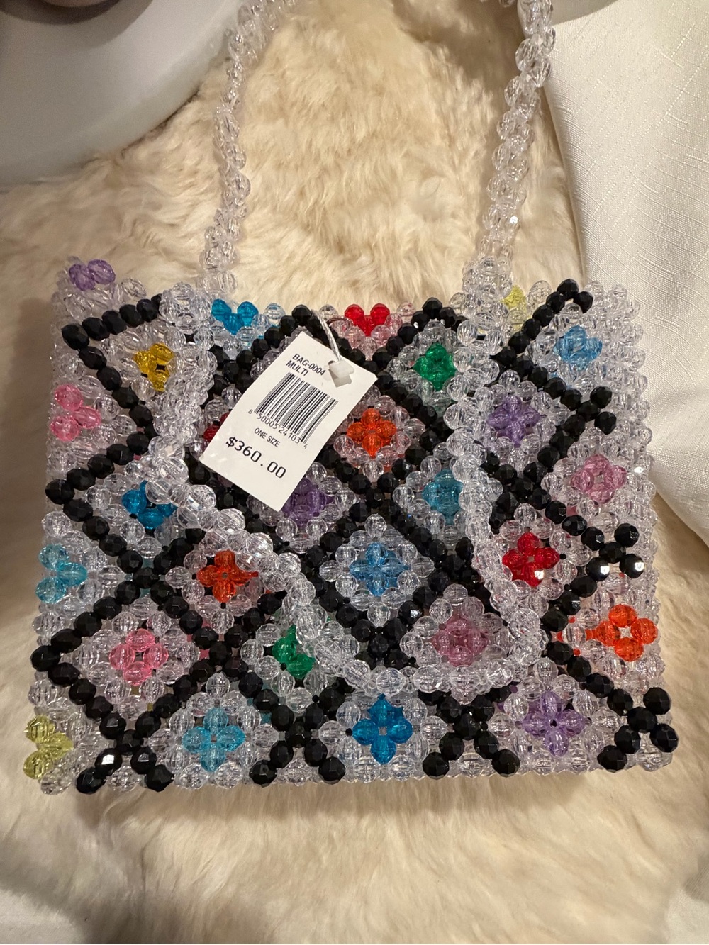 Susan Alexandra Clear Beaded Mini Bag with Multicolor Flower Beads